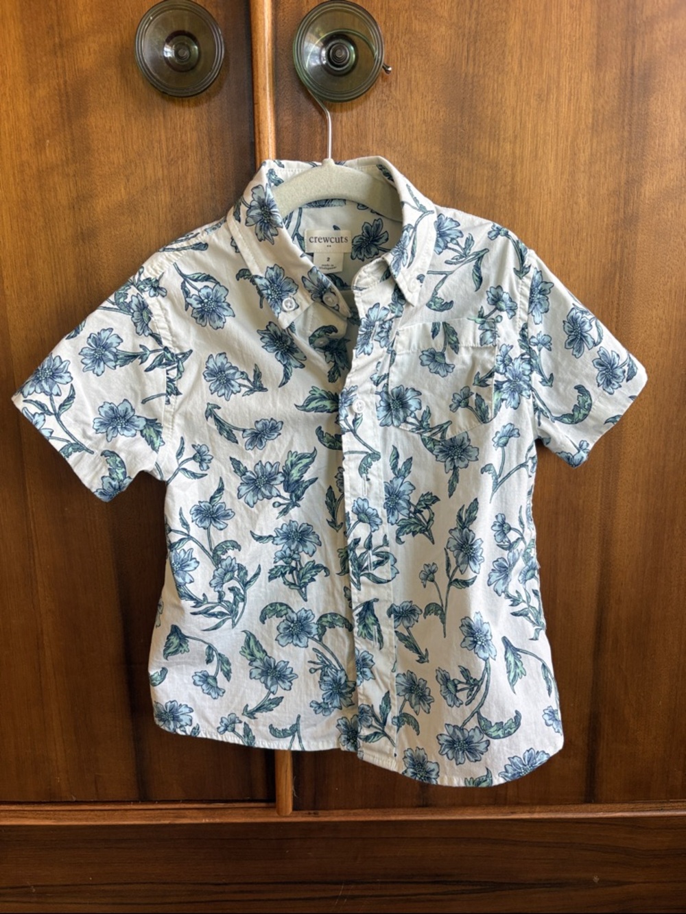 Crewcuts White Short-Sleeve Button-Down Shirt with Blue Floral Print